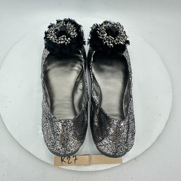 Tory Burch Women Size 7.5M Scrunch Amelia Crystal Silver Ballet Flat Shoes - Picture 9 of 11